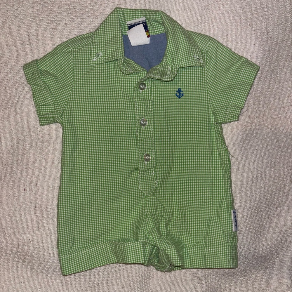 Kids Green Checkered Button Down Romper